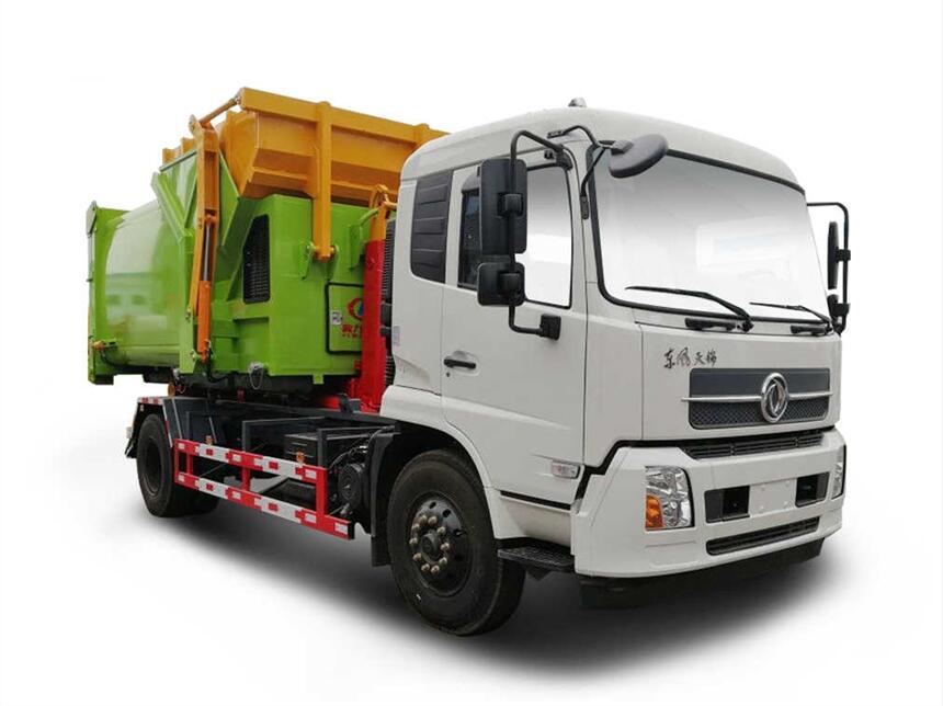天錦大型車廂可卸式垃圾車廠家，12方垃圾箱專用東風(fēng)天錦勾臂垃圾車