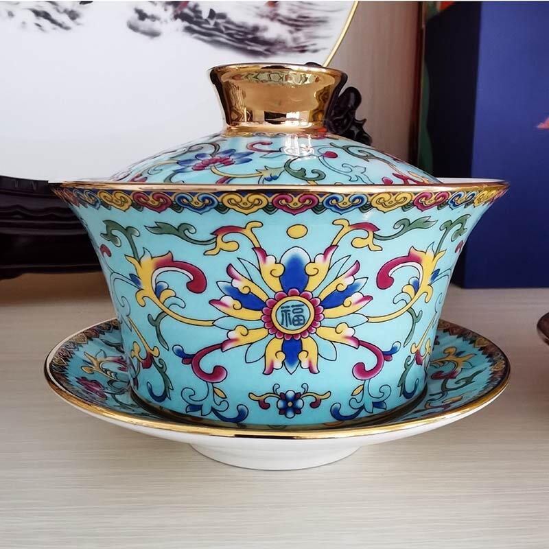 琺瑯彩陶瓷蓋碗禮品，景德鎮(zhèn)陶瓷蓋碗生產(chǎn)廠家