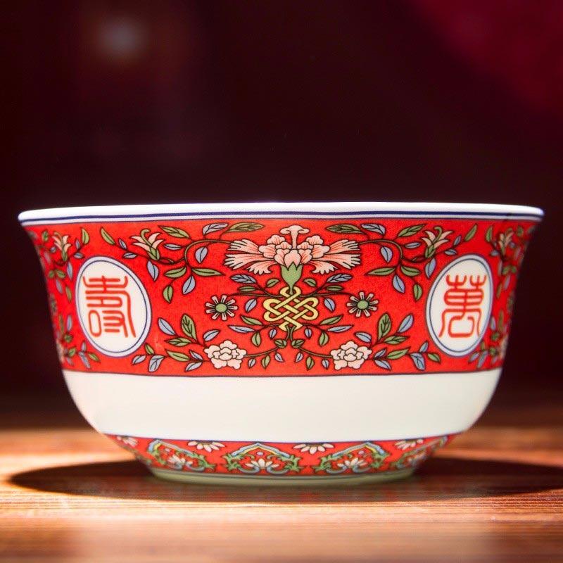 景德鎮(zhèn)陶瓷壽碗禮品定做燒字 5英寸萬壽無疆壽碗 百歲壽辰回禮兩碗兩勺套裝