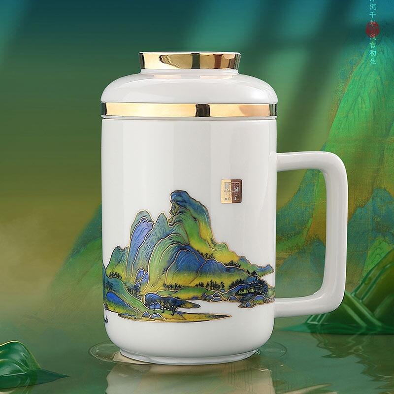 千里江山辦公杯禮裝，企業(yè)銀行單位答謝客戶陶瓷茶杯伴手禮套裝