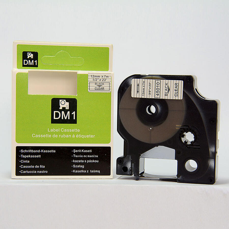 DYMO牌標簽機LM500TS專用國產(chǎn)D1色帶12MM透明底黑字45010