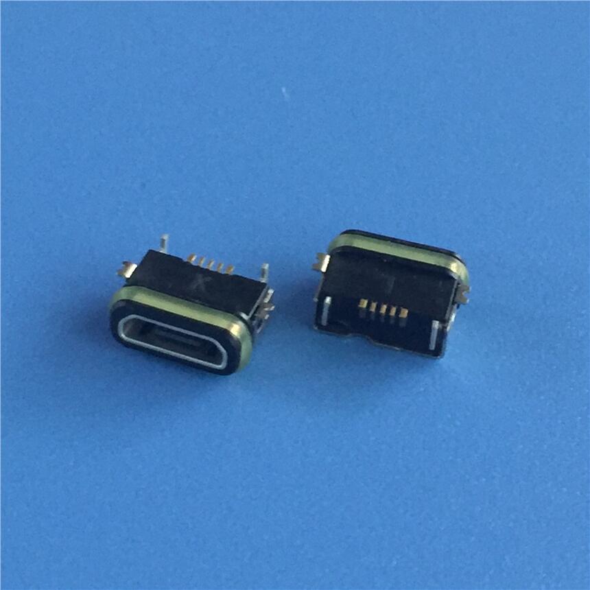 MICRO防水母座 B型-5P/180度貼板SMT 固定腳前貼后插 帶防水膠圈