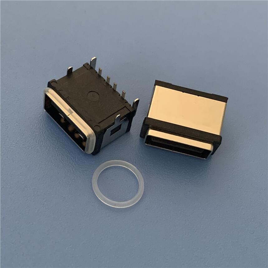 A母臥式防水 USB 短體4P/90度插板防水母座 IPX8防水等級 帶防水膠圈