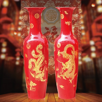 中國(guó)紅描金龍落地大花瓶