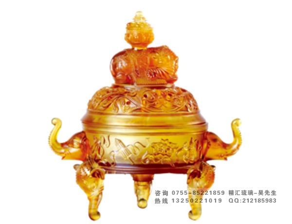 琥珀色吉祥八寶香爐，寺廟家居可用琉璃工藝品批發(fā)