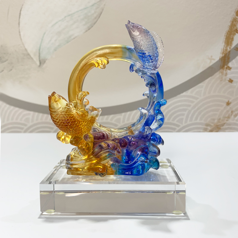 魚躍高升琉璃工藝品擺件家居裝飾禮品廣州深圳琉璃紀念品定制