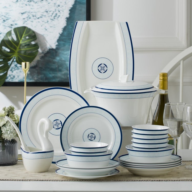 骨瓷餐具套裝家用簡約骨瓷碗盤十人位60頭藍(lán)色暢想禮品定制