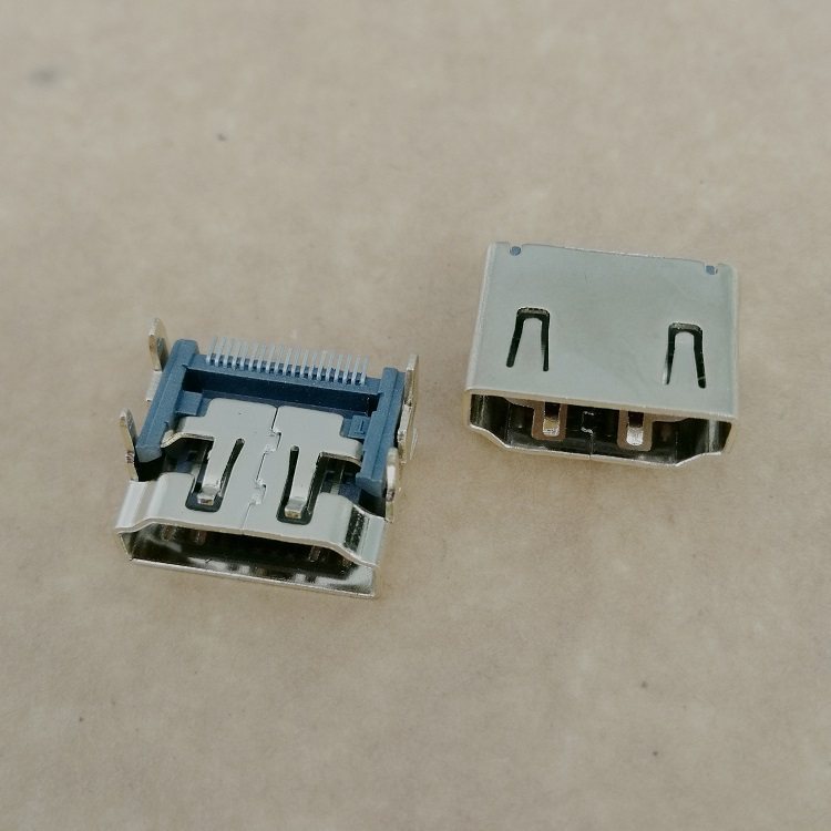 HDMI19PIN板上貼片母座90度四腳插板DIP端子貼片SMT銅殼鍍金HDMI高清插座
