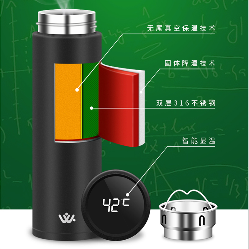 55度杯快速降溫保溫恒溫水杯黑色白色直杯商務(wù)觸控顯示溫度不銹鋼