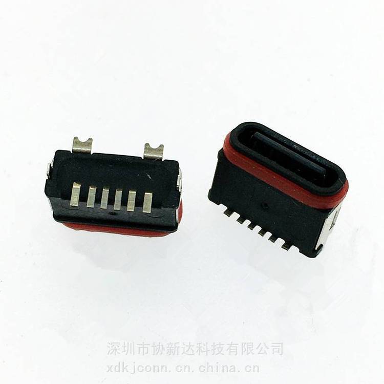 6P立貼全塑款防水母座USB立式貼片防水插座全塑半包型防水TYPEC立式180度SMT防水