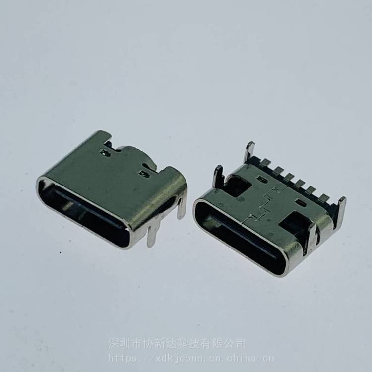 USB3.1臥式貼板插座L=6.5\/6.8TYPEC6PIN板上插板四腳DIP SMT母座