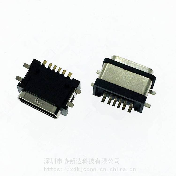 TYPEC全貼防水母座6PIN貼片式防水插座USB3.1四腳貼板SMT防水插座IPX7等級