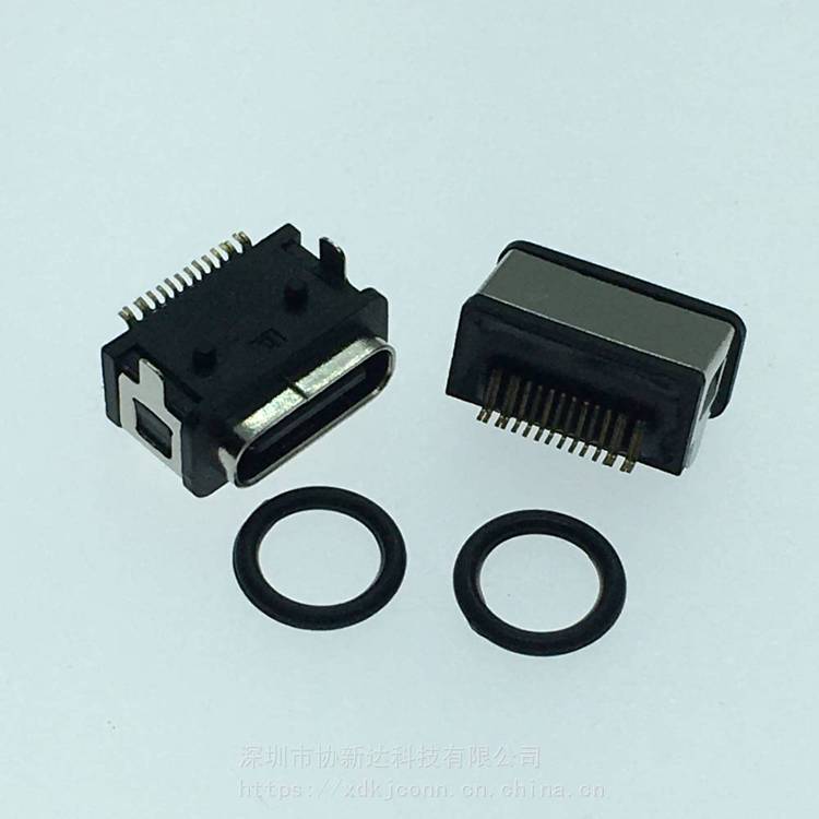 TYPEC臥式防水母座USB3.1板上前插后貼SMT防水插座16PIN貼板防水IPX8等級(jí)