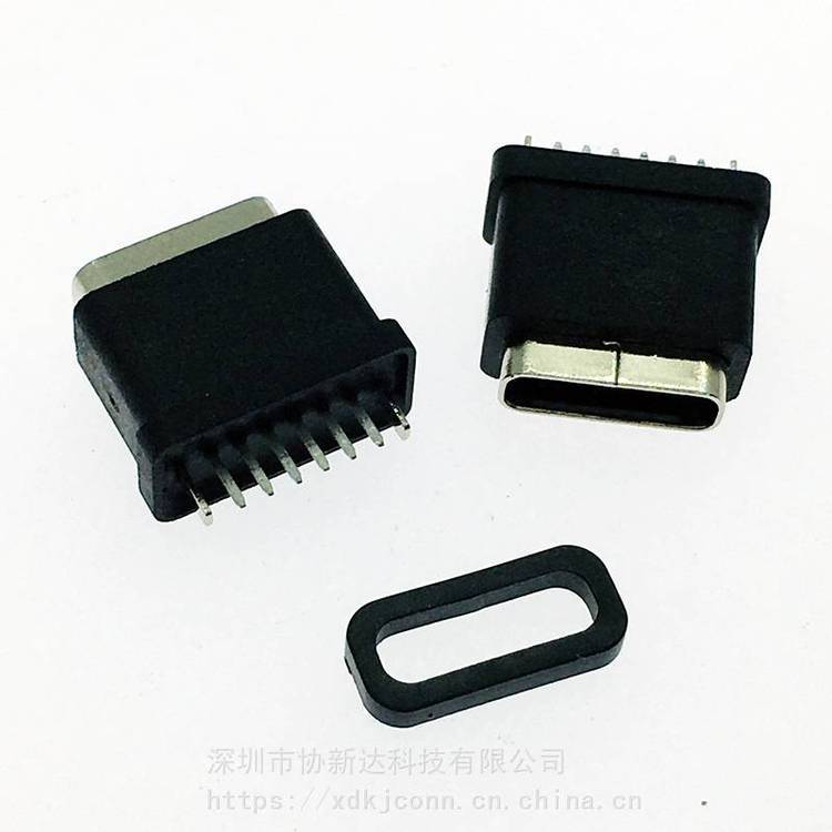 TYPEC立式直插防水母座USB3.1直立式DIP防水插座6PIN立式180°插板防水插座