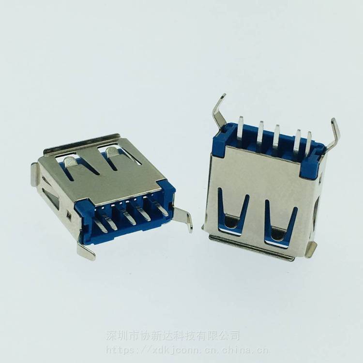 USB帶信號(hào)腳插座AF5PIN直插13.7MM彎腳卷邊藍(lán)膠A母2.0帶開關(guān)彩色膠芯