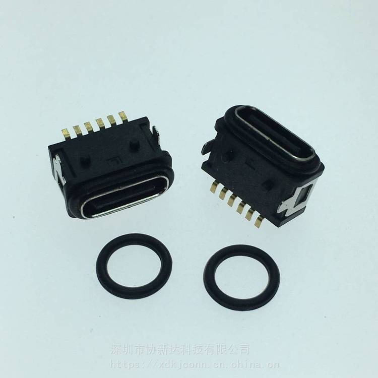 TYPEC臥式防水母座6PIN板上前插后貼防水插座USB3.1貼板SMT防水帶防水膠圈