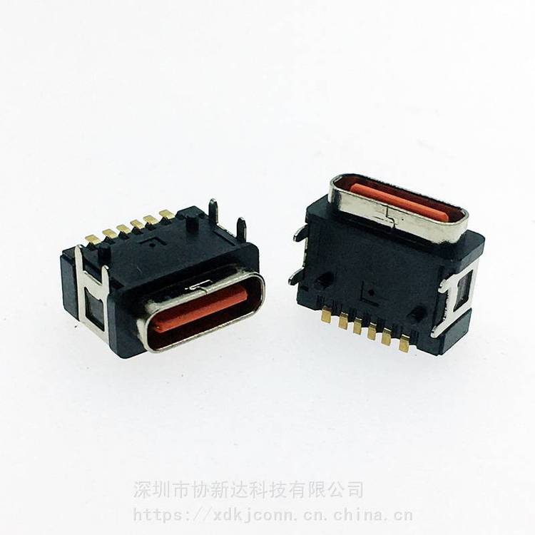 板上型6P貼板防水母座USB3.1臥式四腳插板DIP SMT防水插座TYPEC橙色貼片防水