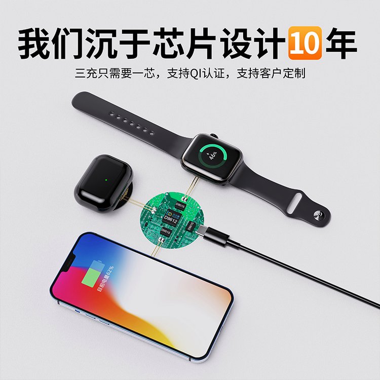 無線充電方案手機(jī)手表耳機(jī)一芯多充無線充解決方案IC芯片D9612