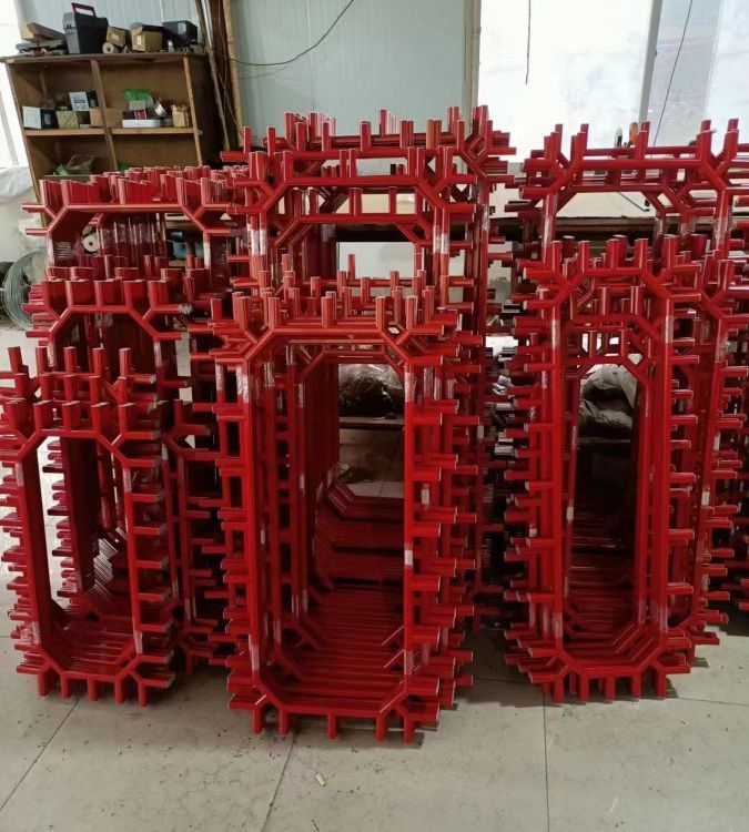 寺廟建筑款大紅色龜背紋款圖形玻璃內(nèi)置裝飾架