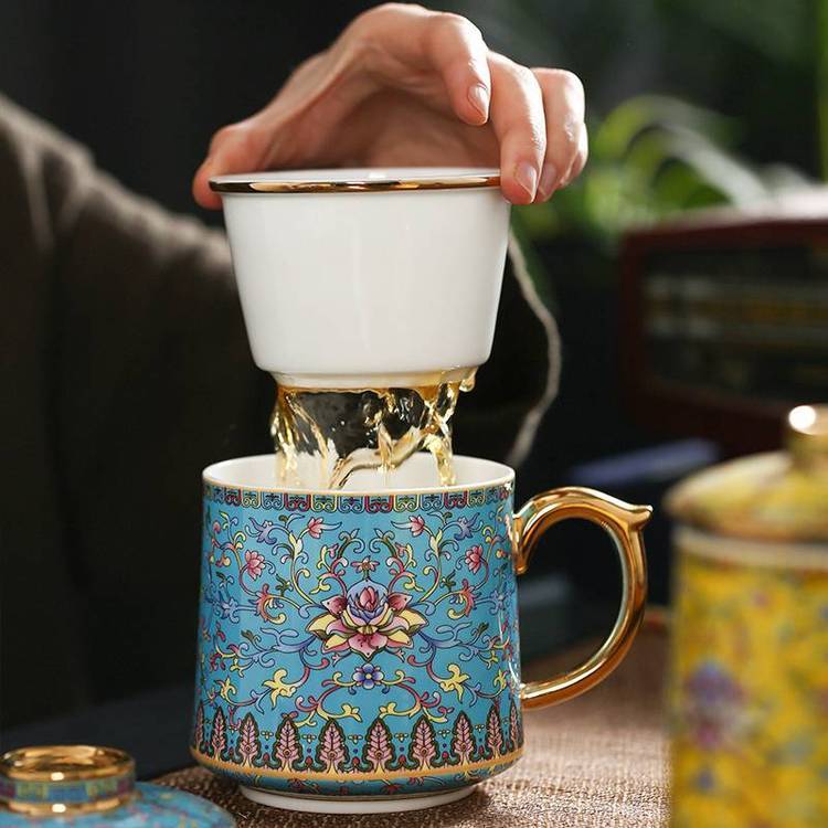 商務(wù)辦公茶水分離杯琺瑯彩描金帶蓋過濾三件套茶杯銀行送客戶