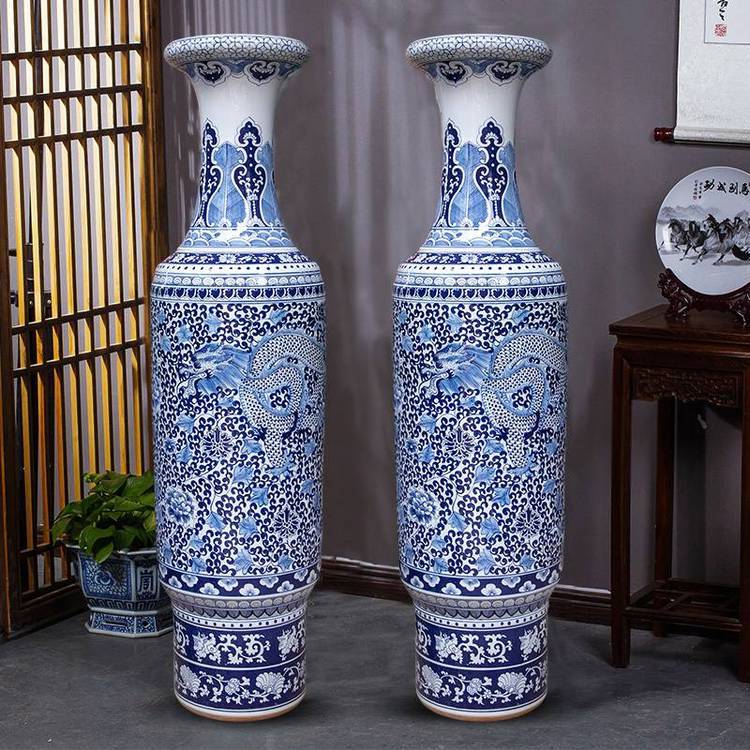 陶瓷大花瓶大號仿古青花瓷手繪玉瓏?yán)p枝蓮金鐘瓶