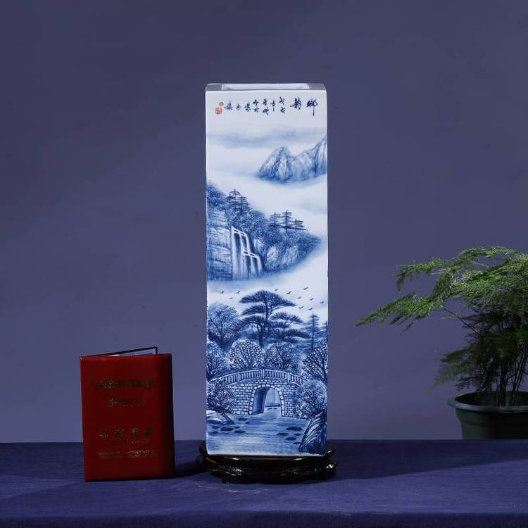 陶瓷箭筒書畫缸卷軸缸字畫收納筒家居裝飾花瓶手繪山村曉韻鑲器