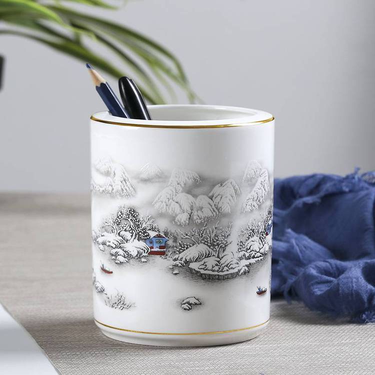 陶瓷筆筒復(fù)古中國(guó)風(fēng)擺件書房毛筆收納學(xué)生多用作業(yè)文具