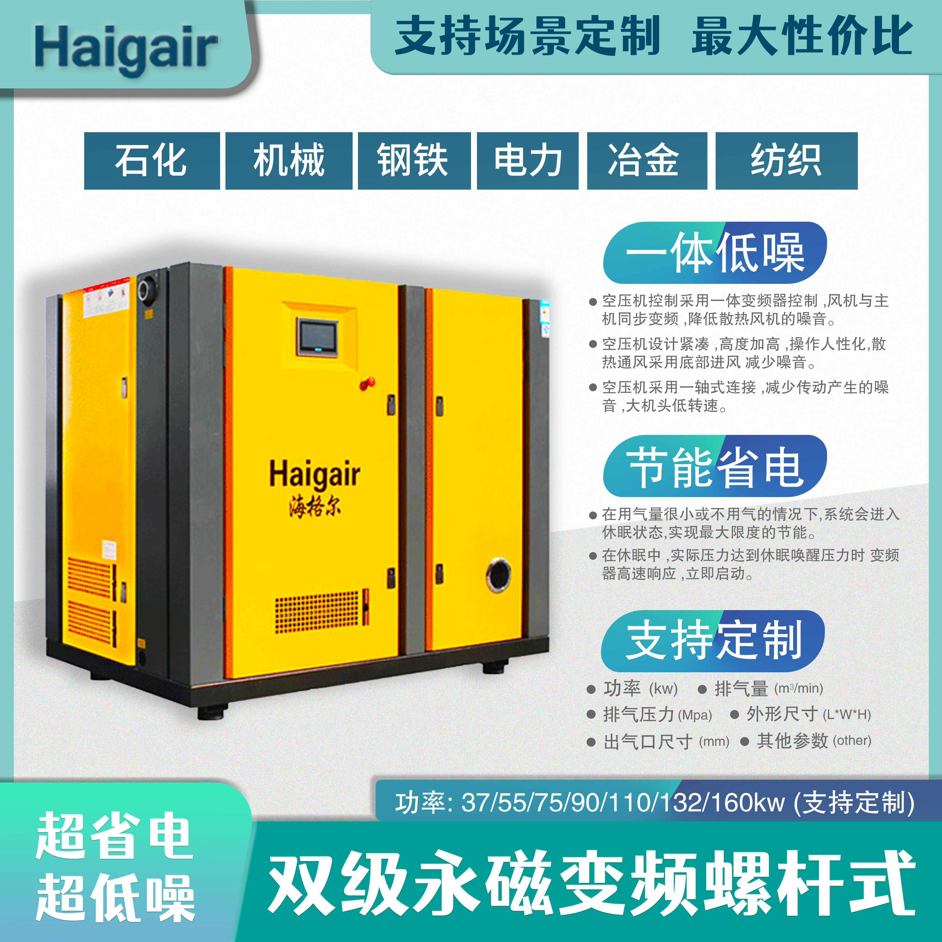 雙級(jí)螺桿永磁變頻大功率現(xiàn)貨大排氣省電低噪節(jié)能海格爾空壓機(jī)