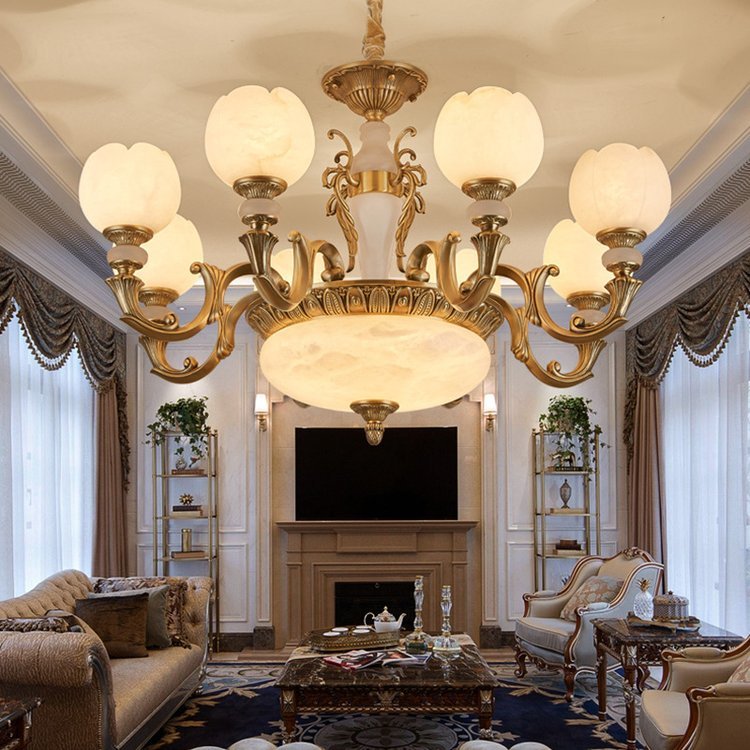 進(jìn)豐天然玉石燈歐式全銅玉石吊燈廠家自建房別墅客廳餐廳吊燈飾