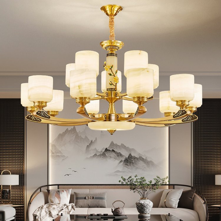 進(jìn)豐新中式全銅吊燈豪宅自建房別墅復(fù)式樓客廳燈中國(guó)風(fēng)餐廳玉石燈