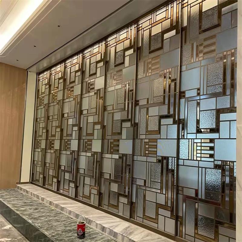 夾玻璃不銹鋼金屬屏風(fēng)玻璃畫隔斷背景玄關(guān)定制