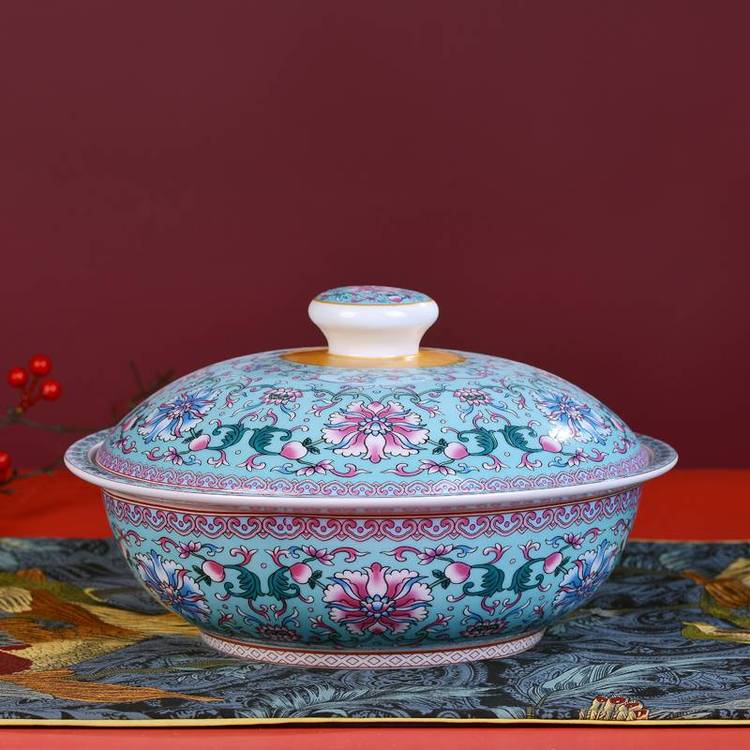 高溫陶瓷大湯盆中式家用琺瑯彩帶蓋餐具粉彩萬花品鍋菜湯碗
