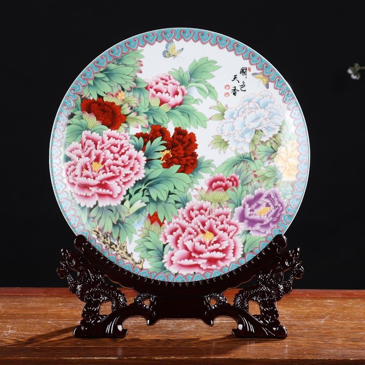 金青霞作品14英寸國色天香紀(jì)念盤酒柜裝飾盤擺件
