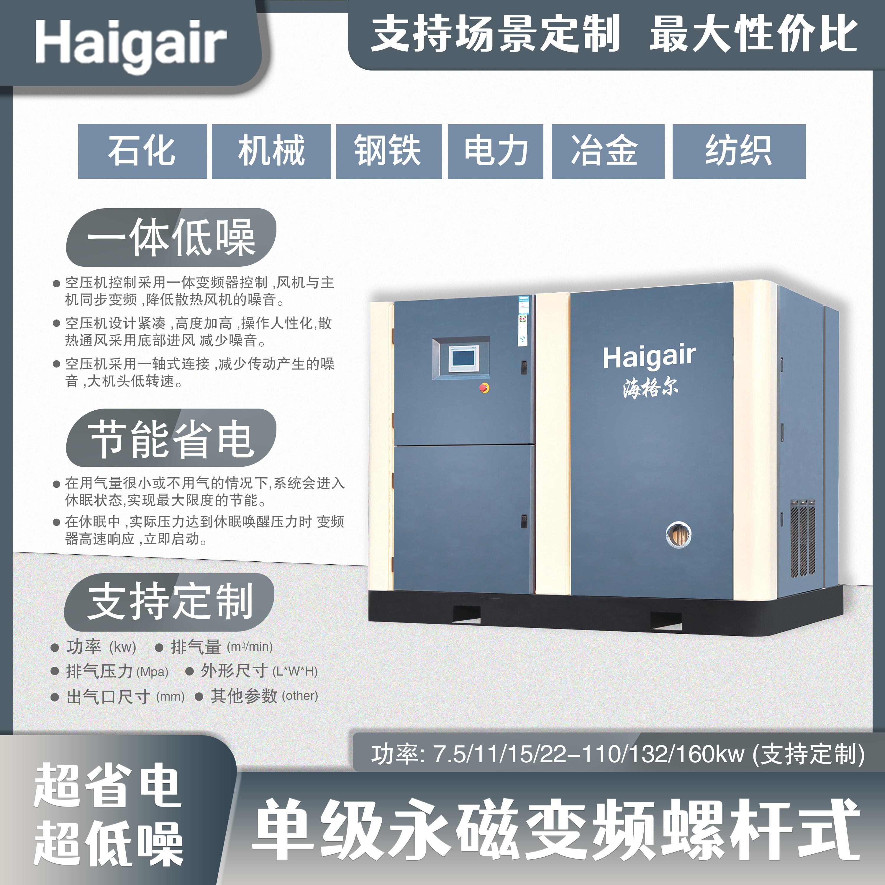 小型永磁螺桿式一體變頻節(jié)能噪音小單級空氣壓縮機海格爾空壓機